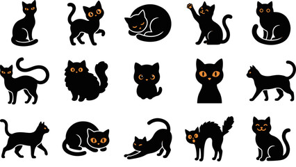 Obraz premium Set of various black cat silhouettes in different poses for halloween design elements and pet themed projects