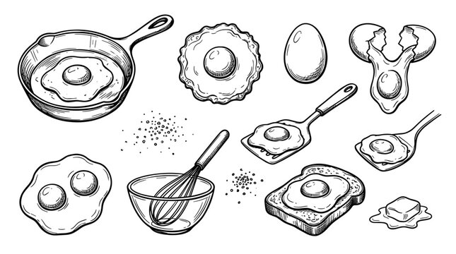 Frying egg doodle line illustration set, breakfast food hand drawn icons, vintage ink sketch, isolated