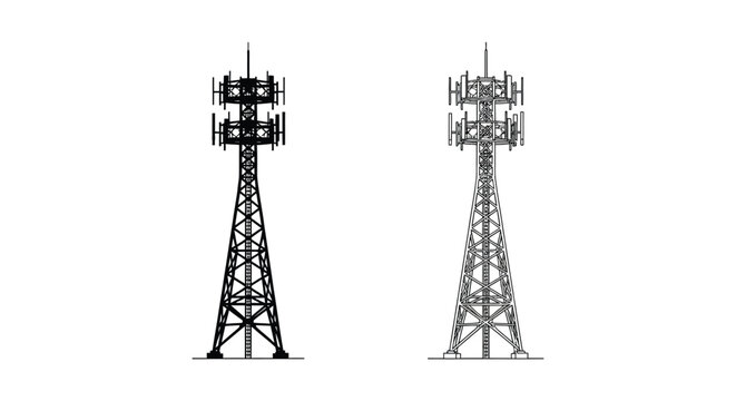 Two cellular network towers in black silhouette against a white background silhouette