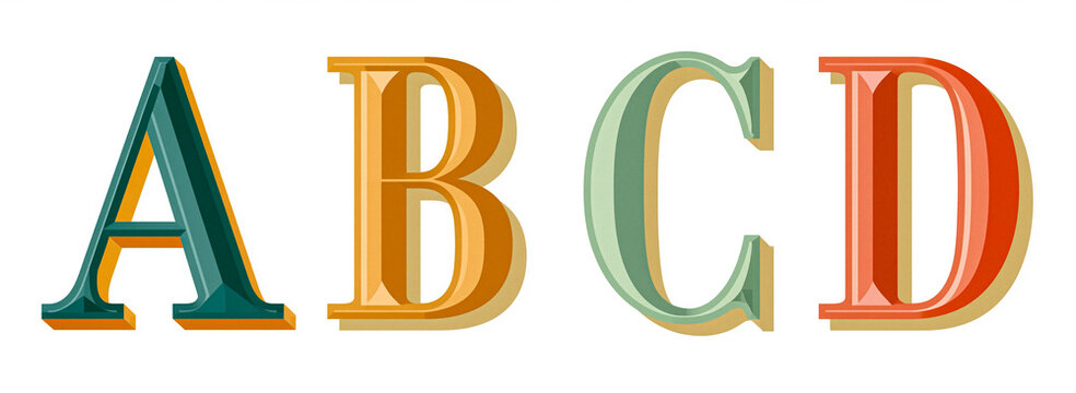 Four dimensional capital letters A, B, C, D featuring a retro font and colored shading on a white background