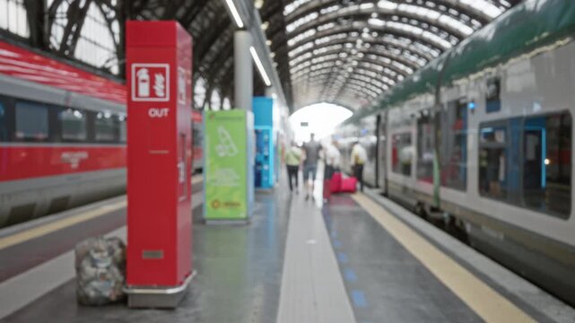 Blurred train station platform with shallow bokeh and soft defocused architecture and luggage in the distance; background backplate copyspace calm.