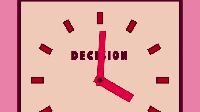 Clock shows different times while highlighting the word decision. Each frame captures a key moment of choosing in daily life. Focus is on choice and timing