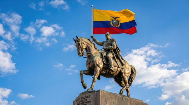 Historic equestrian statue beneath Ecuador national flag during Ecuador Independence Day, symbolizing independence, sovereignty, cultural heritage, leadership, resilience, unity and pride scene