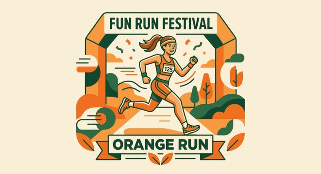 Joyful Woman Athlete Completing An Orange Fun Run Festival With Enthusiasm