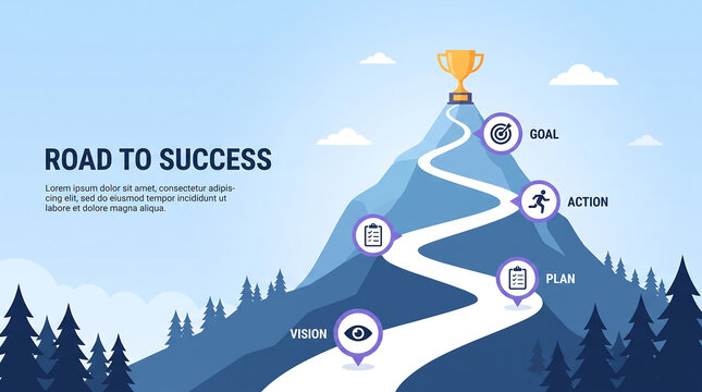 Road to success concept illustration, winding path up mountain to trophy goal, vision plan action steps, business metaphor.
