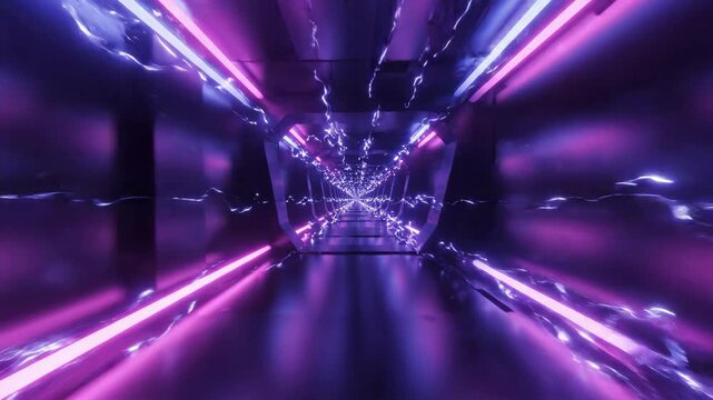 Seamless loop of a glowing bright neon light corridor leading into an infinite abstract futuristic dark tunnel with ultraviolet fluorescent motion