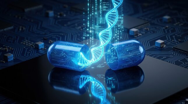 A glowing blue digital dna strand emerging from a futuristic medicine capsule representing advanced biotechnology and modern pharmaceutical research innovation