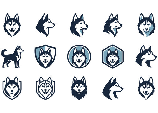 Husky mascot logo set. Professional wolf head emblems for sports teams and branding.
