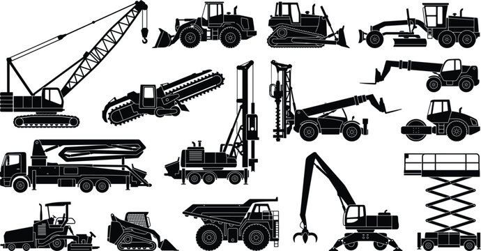 Construction Heavy Equipment Silhouette Collection with Industrial Machinery and Vehicle Vector Set