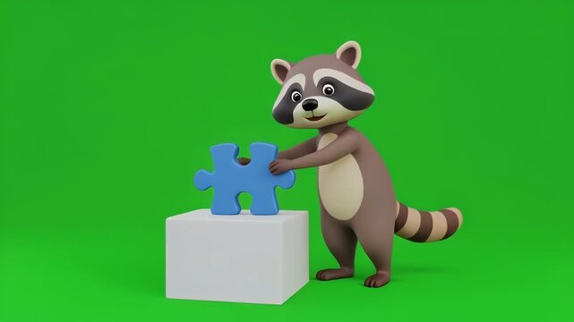 Raccoon assembling puzzle piece on cube against green screen seamless loop
