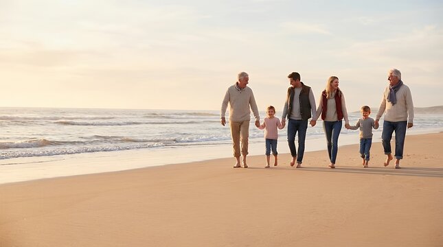 A heartwarming scene of a three-generation family walking together along a beautiful sandy beach enjoying quality time and creating lasting memories by the sea family three generations grandparents