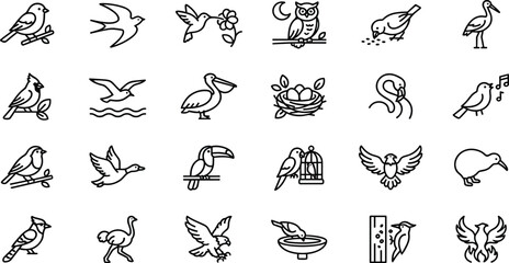 Fototapeta premium Bird and Wildlife Line Icon Collection Featuring Sparrow Swallow Hummingbird Owl Pelican Toucan Eagle Nest Dove and Nature Outline Symbols