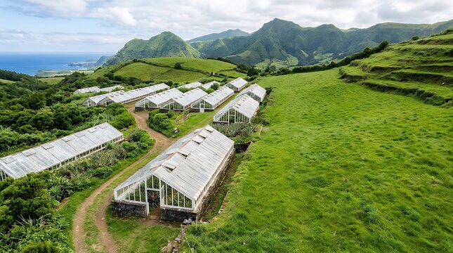 A picturesque view of a pineapple plantation on the island of Sao Miguel in the Azores archipelago showcasing the unique cultivation method and lush green fields pineapple pineapples plantation farm