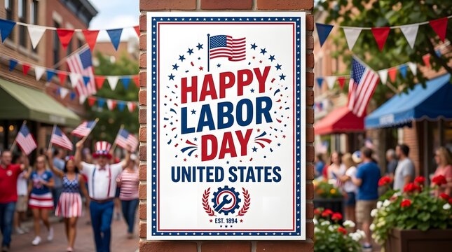 Happy Labor Day sign on brick wall. American holiday celebration banner in city street.