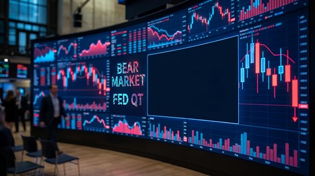A digital LED display showing stock market data including candlestick charts and graphs indicating a bear market stage after Fed QT for fundamental and technical analysis in trading stock market