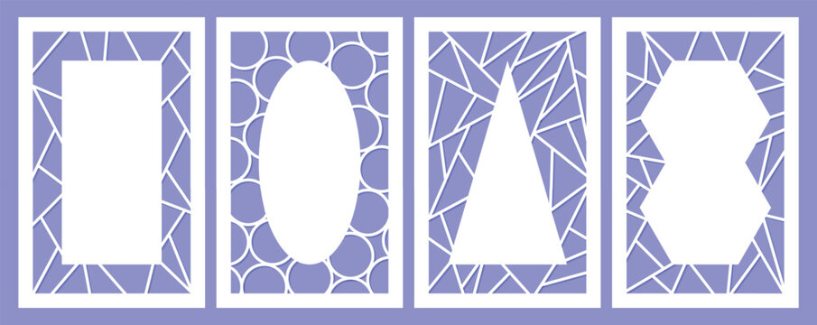 Abstract geometric banners design. Decorative openwork postcards with empty space for text. Templates for laser cutting. Modern invitation cards, vector set
