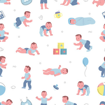 Baby boy seamless pattern. Cute male newborn characters in blue cloth and different nursery accessories. Cartoon print for fabric, wallpaper, vector background