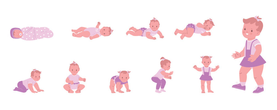 Baby girl growth process. Female child, toddler development step by step. First year of life of little kid, from newborn to 12 month, cute nursery vector character