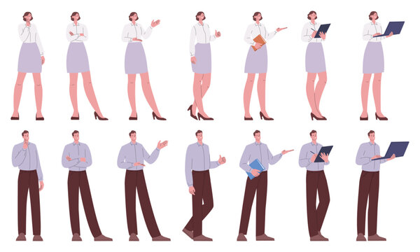 Business characters. Male female office managers in classic outfits in different poses. Administrators, teachers, official professionals, vector people