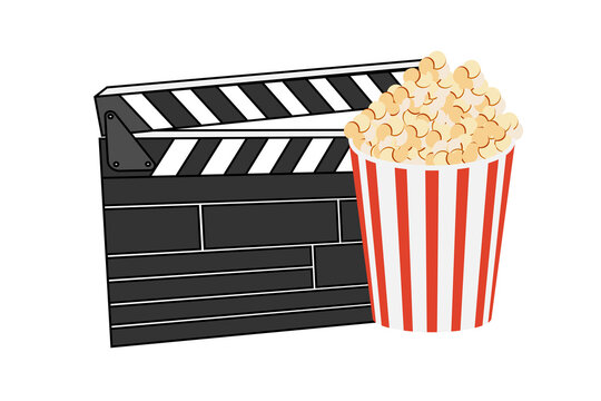 Movie clapper board and popcorn vector illustration.