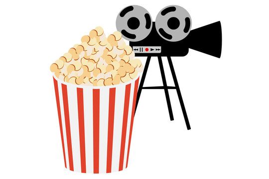 Popcorn  bucket and movie retro camera.