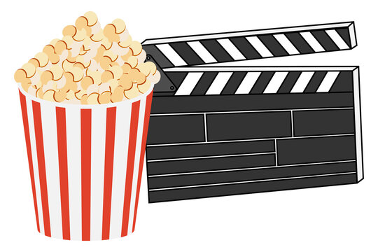 Movie clapper board and popcorn vector illustration.