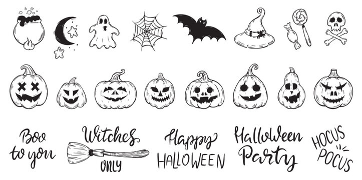 Dirty style Halloween elements. Scary pumpkins, bat, spider web, witch hat and cauldron. Autumn festival symbols, different horrible characters, vector set