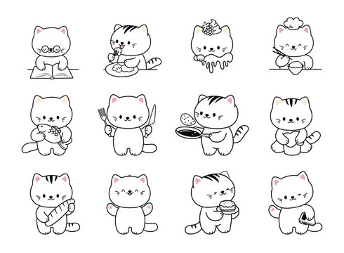 Kitten kawaii stickers. Simple black white cats different actions. Cartoon kittens coloring. Cat cooking, reading book, smiling, eating, hug fish, vector animal characters