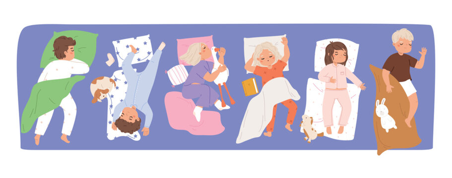 Little children sleeping together in bed. Kindergarten dream, pajama party at home, siblings. Boys and girls sleep with toys, book, dog. Large family vector scene