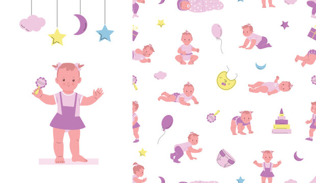 Little girl seamless pattern. Baby in pink clothes, funny poses and nursery accessories. Newborn character with toy. Print for fabric, wrapping, vector background