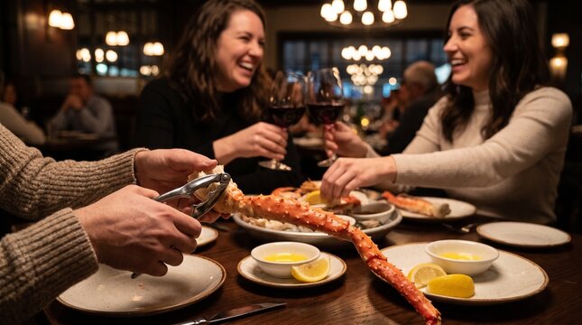 People Enjoying King Crab Dinner at Upscale Seafood Restaurant