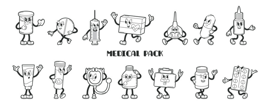 Medical pack characters. Pills and drugs, mixture bottle, tablets, vitamins, syringe, first aid kit and enema bulb. Groovy style coloring elements, vector clipart