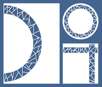 Openwork geometric templates. White laser cutting design elements. Abstract simple decoration, luxury backdrops for invitation, postcards, banners, posters, vector set