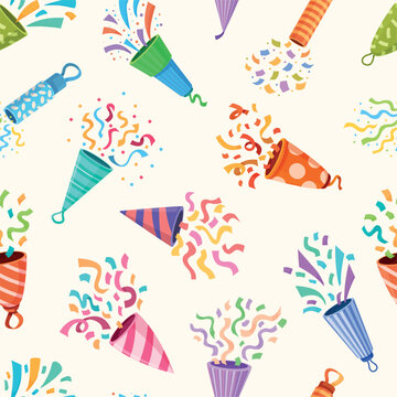 Poppers with colorful confetti. Different festival popper and firecrackers. Paper streamers fly out of holiday crackers seamless pattern, vector background
