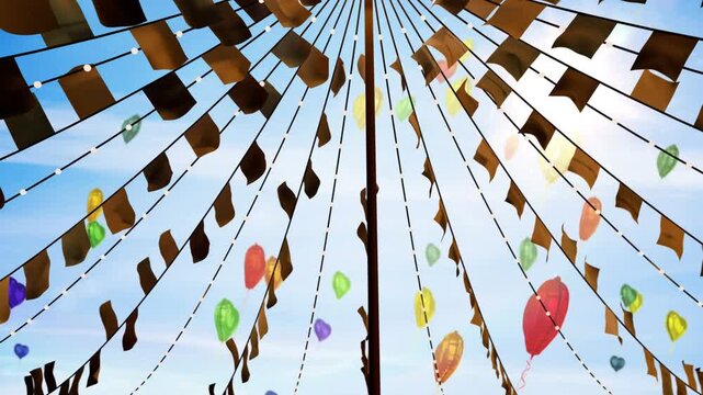 Central pole being viewed upward, breeze causing pennants fluttering, balloons rising for decor