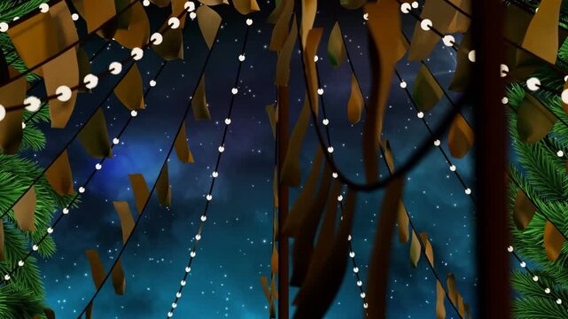 Gentle breeze starting streamers drifting right, canopy decorations swaying to reveal glowing bulbs