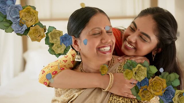 Daughter hugging mother from behind, smiling, showing family bond, petals drifting across frame