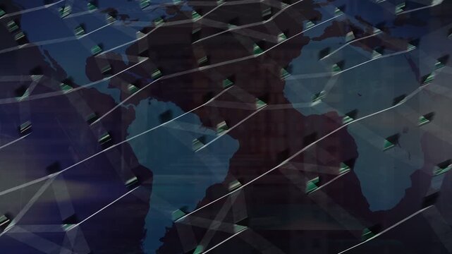 Feminine icon lighting up, spawning glowing nodes flowing along world map lines, showing tech mesh