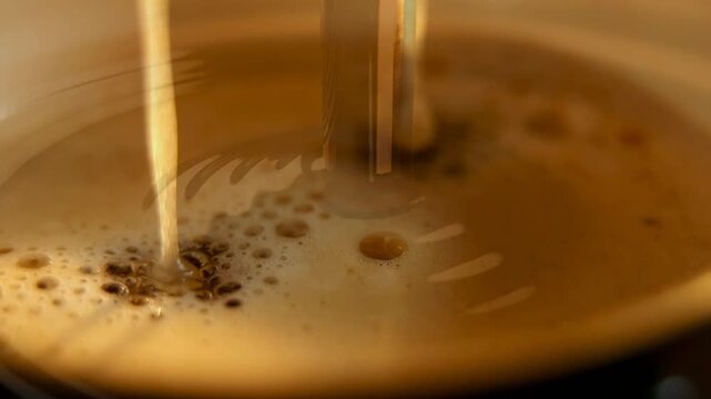 Spouts starting pour, twin streams striking crema, creating ripples and revealing foam pattern