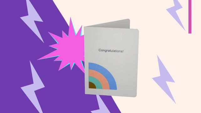 On start white card rotating and opening, revealing inner panel to showcase Congratulations text