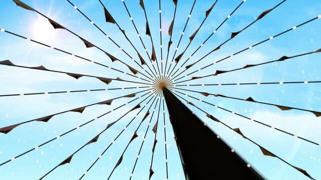 Hub and spokes centered while dark occluder sweeping creating brief blackout, then revealing canopy