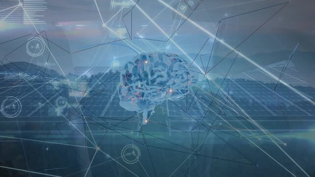 HUD appearing, hologram brain forming sending pulsing lines across solar farm showing energy flow