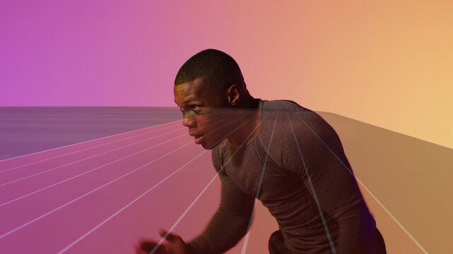 Male athlete launching from blocks, sprinting, arm pumping, track overlay crossing body for sports