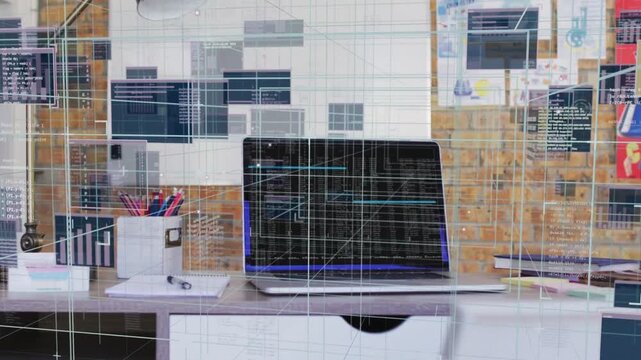HUD overlay activating, panels shifting, grid sliding, camera panning up, showing laptop and code
