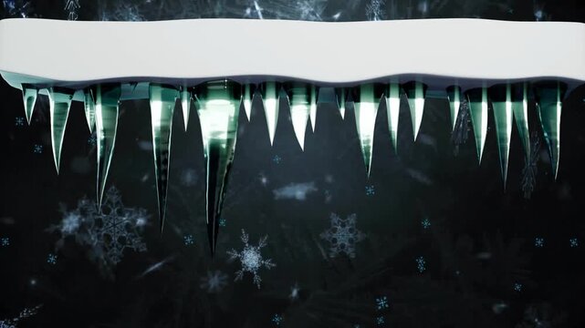 Temperature dropping causing snow ledge growing icicles while green glints sliding down