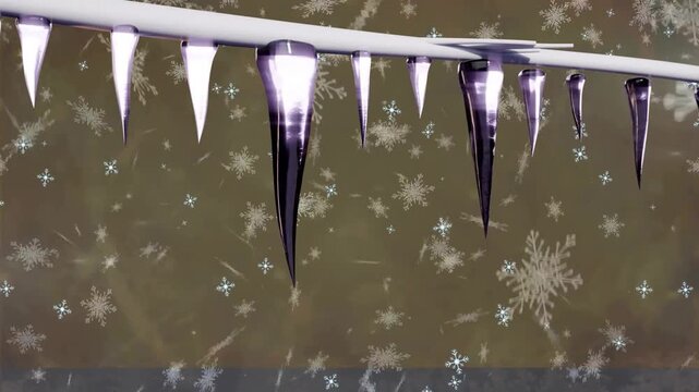 Camera sliding right revealing glossy icicles glinting while flakes drifting showcasing ledge