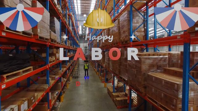 Drone advancing down warehouse aisle, graphics appearing, letters forming LABOR DAY honoring worker