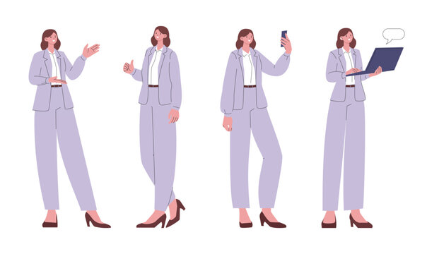 Woman in official suit. Business girl with laptop, remote conversation, take selfie. Professional character, administrator, office time manager, vector set