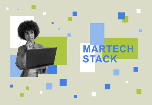 Woman holding a laptop beside martech stack text for digital marketing strategy.