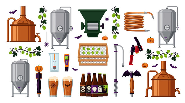 Halloween brewing concept with copper fermenter tanks, hops, yeast trays, thermometer, beer bottles and glasses with bat stickers